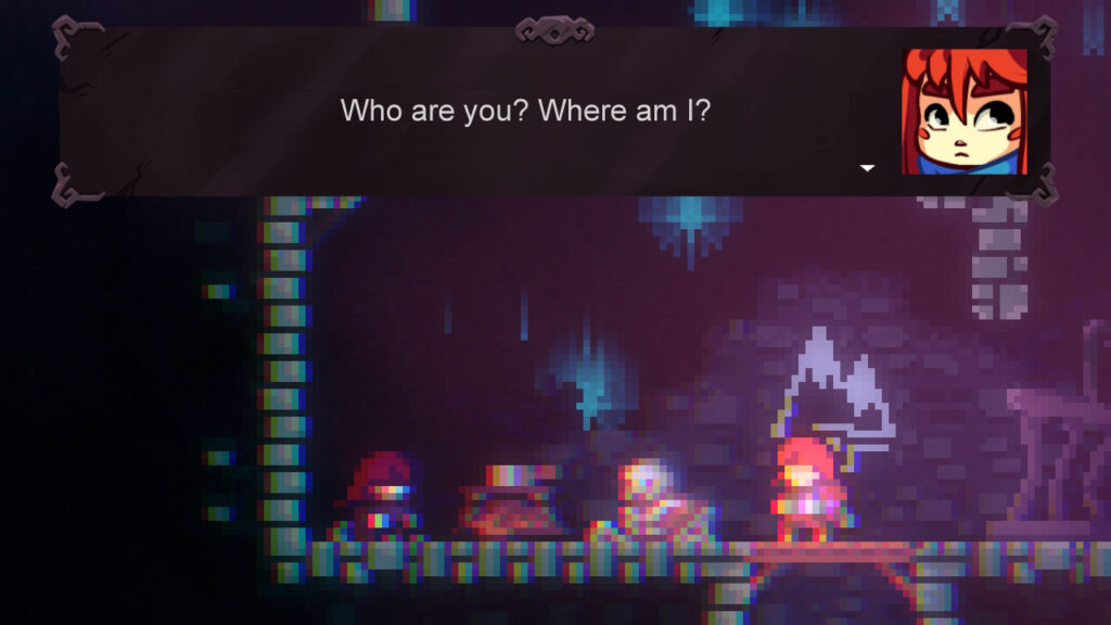 A girl with red hair asks "Who are you? Where am I?" 