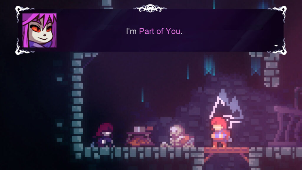 A girl who looks like the first girl but with purple hair say, "I'm Part of You." 