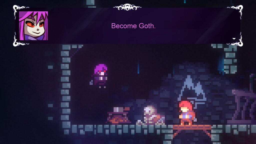 The purple haired girl say, "Become Goth."